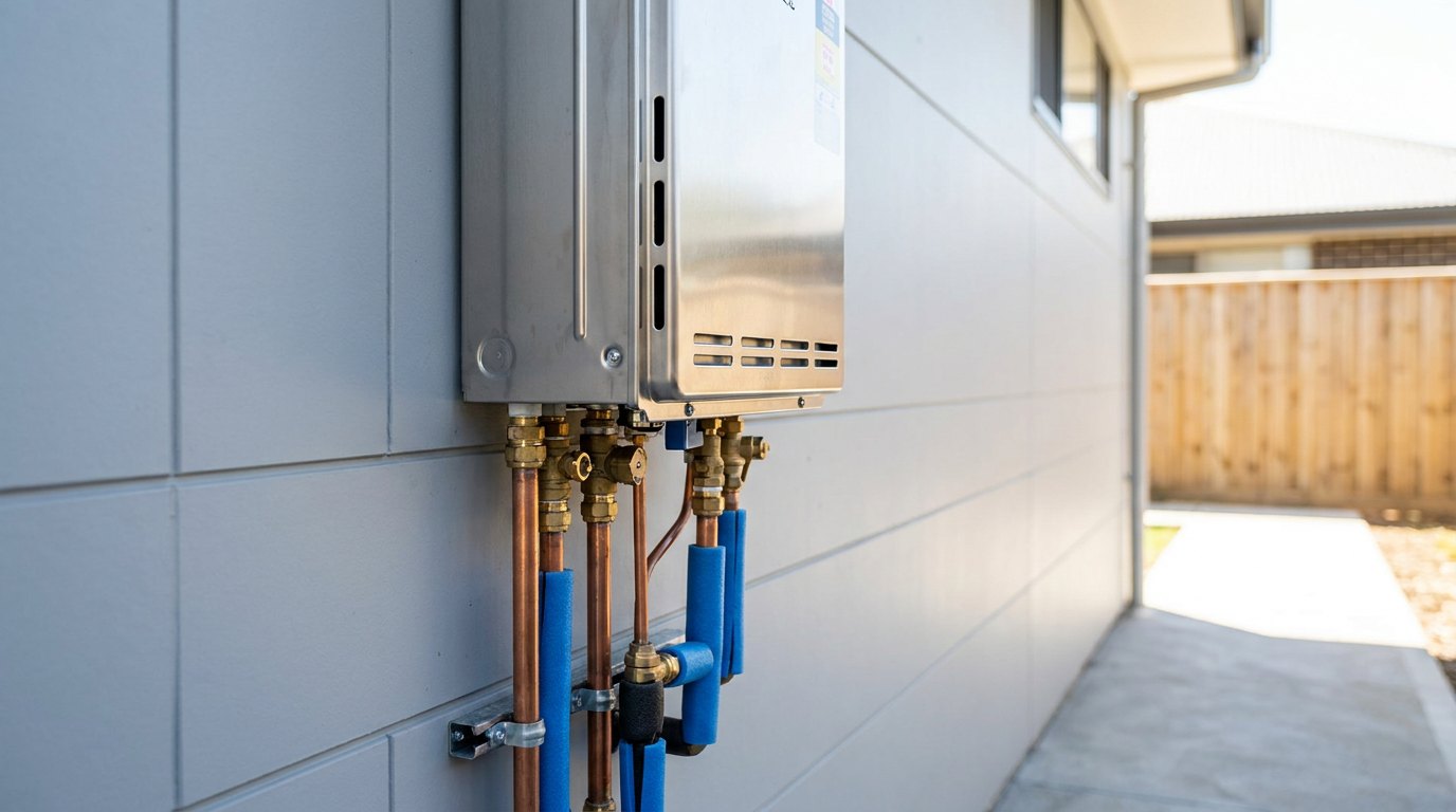 A gas hot water system installed on the side of a home